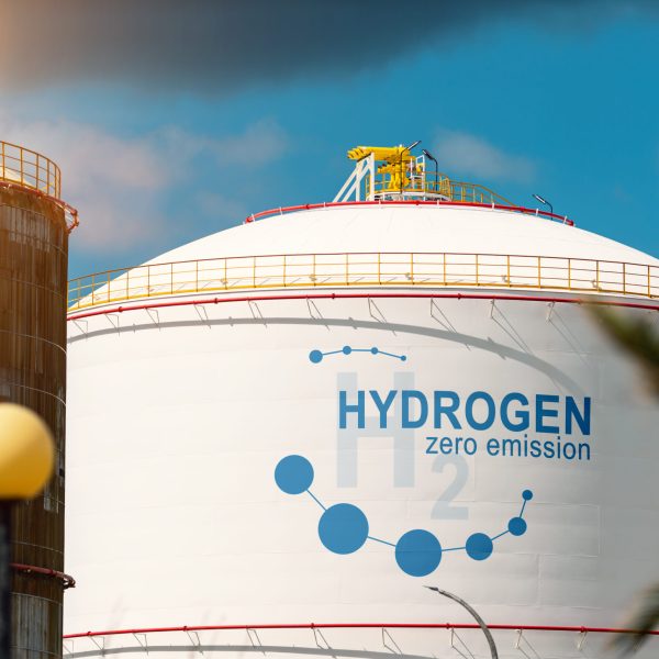 Hydrogen renewable energy production – hydrogen gas for clean electricity solar and windturbine facility. 3d rendering. Hydrogen renewable energy production storage - hydrogen gas for clean electricity solar and windturbine facility.